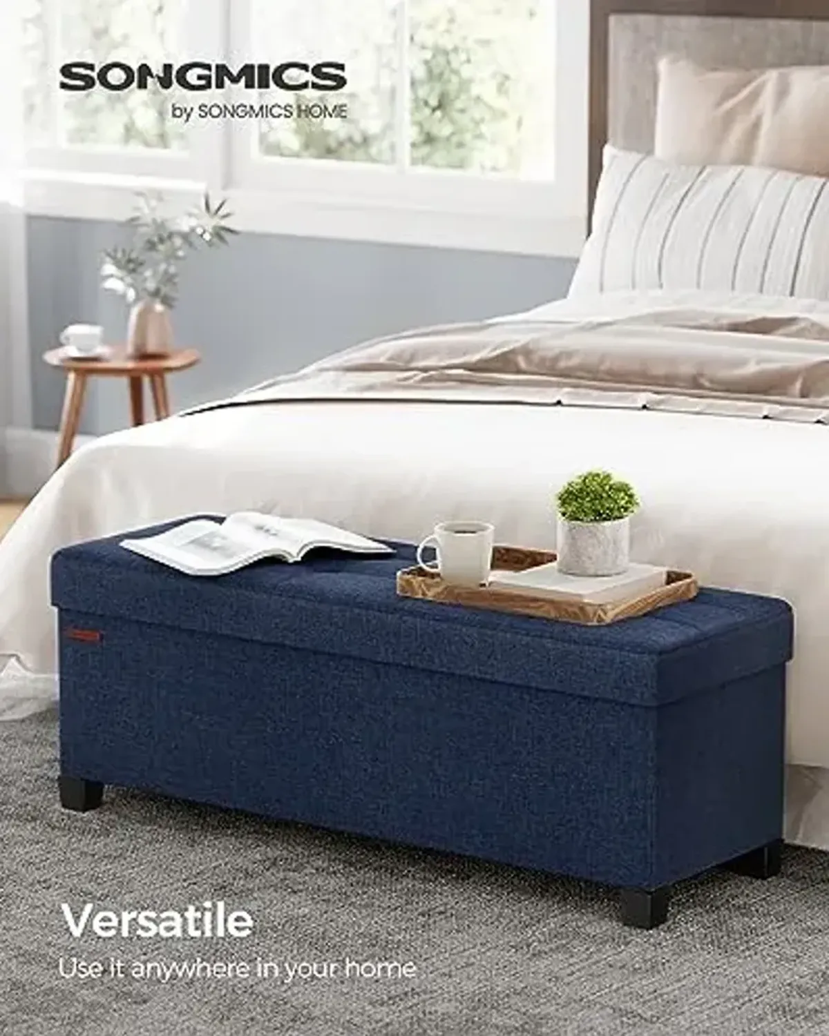 SONGMICS Storage Ottoman Bench, Foldable Foot Rest with Legs, 15 x 43 x 15.7 Inches, End of Bed Bench, Storage Chest, Load up to 660 lb, for Living Room, Bedroom, Entryway, Midnight Blue ULSF018I01