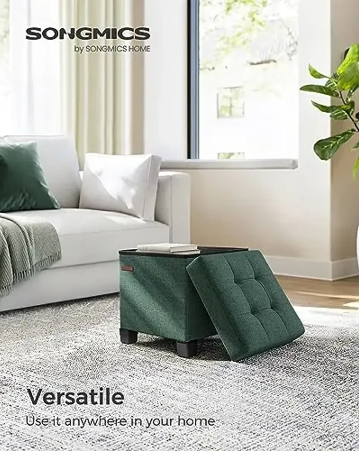 SONGMICS Storage Ottoman, Small Ottoman Foot Rest with Legs, 15 x 15 x 15.7 Inches Foot Stool, Load up to 660 lb, for Living Room, Bedroom, Dorm, Retro Green ULSF014C01