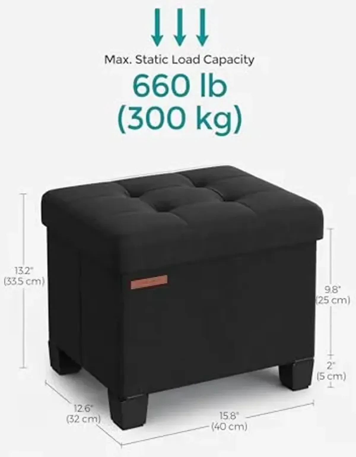 SONGMICS Storage Ottoman, Small Ottoman Foot Rest with Legs, 12.6 x 15.8 x 13.2 Inches Foot Stool, Load up to 660 lb, for Living Room, Bedroom, Dorm, Ink Black ULSF012B01