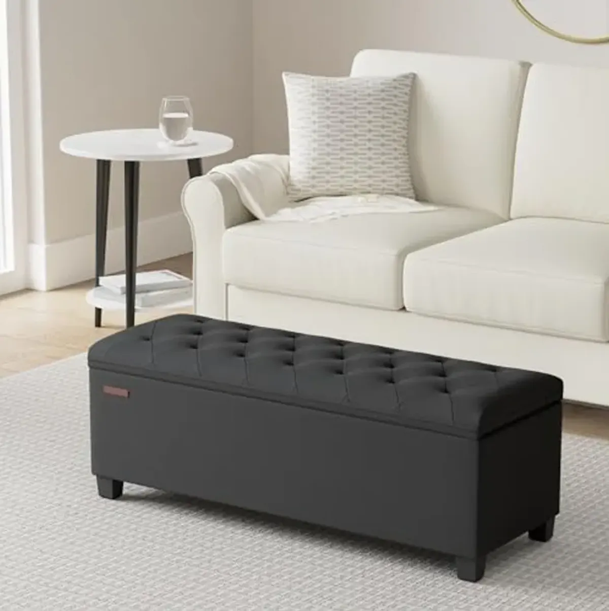 SONGMICS Storage Ottoman Bench, Foot Rest with Legs, 15.7 x 43.3 x 15.7 Inches, End of Bed Bench, Storage Chest, Load up to 660 lb, for Living Room, Bedroom, Entryway, Ink Black ULSF088B01