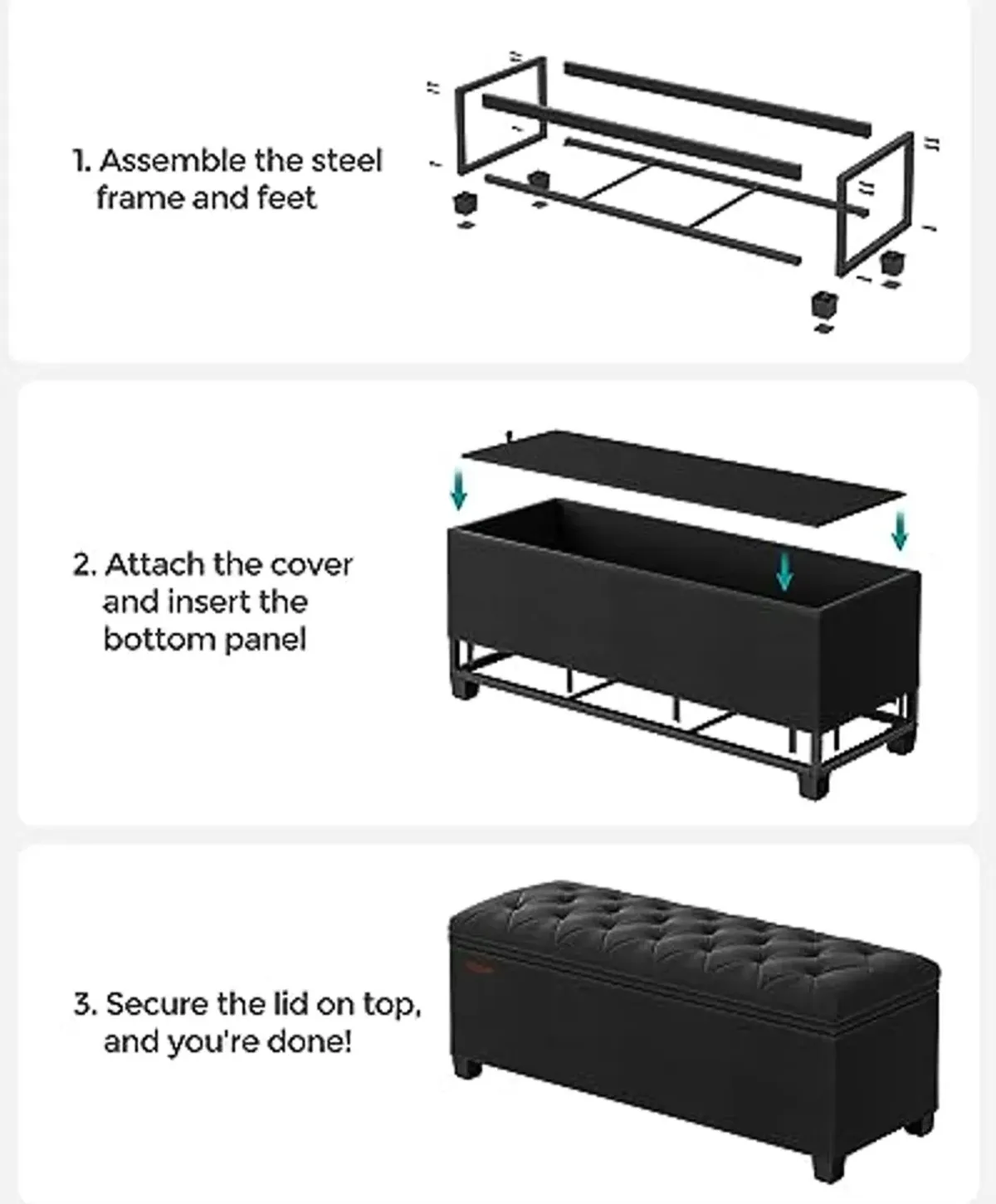 SONGMICS Storage Ottoman Bench, Foot Rest with Legs, 15.7 x 43.3 x 15.7 Inches, End of Bed Bench, Storage Chest, Load up to 660 lb, for Living Room, Bedroom, Entryway, Ink Black ULSF088B01