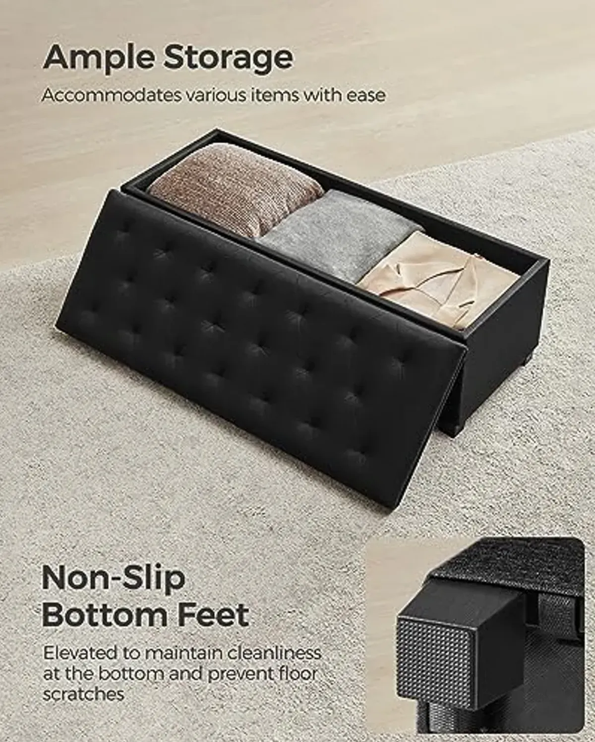 SONGMICS Storage Ottoman Bench, Foot Rest with Legs, 15.7 x 43.3 x 15.7 Inches, End of Bed Bench, Storage Chest, Load up to 660 lb, for Living Room, Bedroom, Entryway, Ink Black ULSF088B01