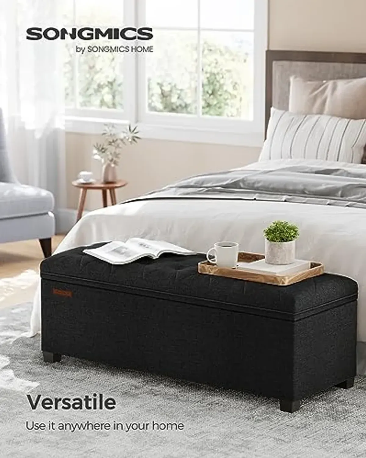 SONGMICS Storage Ottoman Bench, Foot Rest with Legs, 15.7 x 43.3 x 15.7 Inches, End of Bed Bench, Storage Chest, Load up to 660 lb, for Living Room, Bedroom, Entryway, Ink Black ULSF088B01