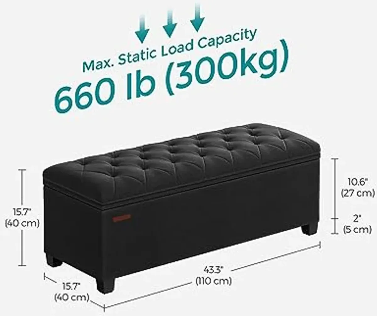 SONGMICS Storage Ottoman Bench, Foot Rest with Legs, 15.7 x 43.3 x 15.7 Inches, End of Bed Bench, Storage Chest, Load up to 660 lb, for Living Room, Bedroom, Entryway, Ink Black ULSF088B01