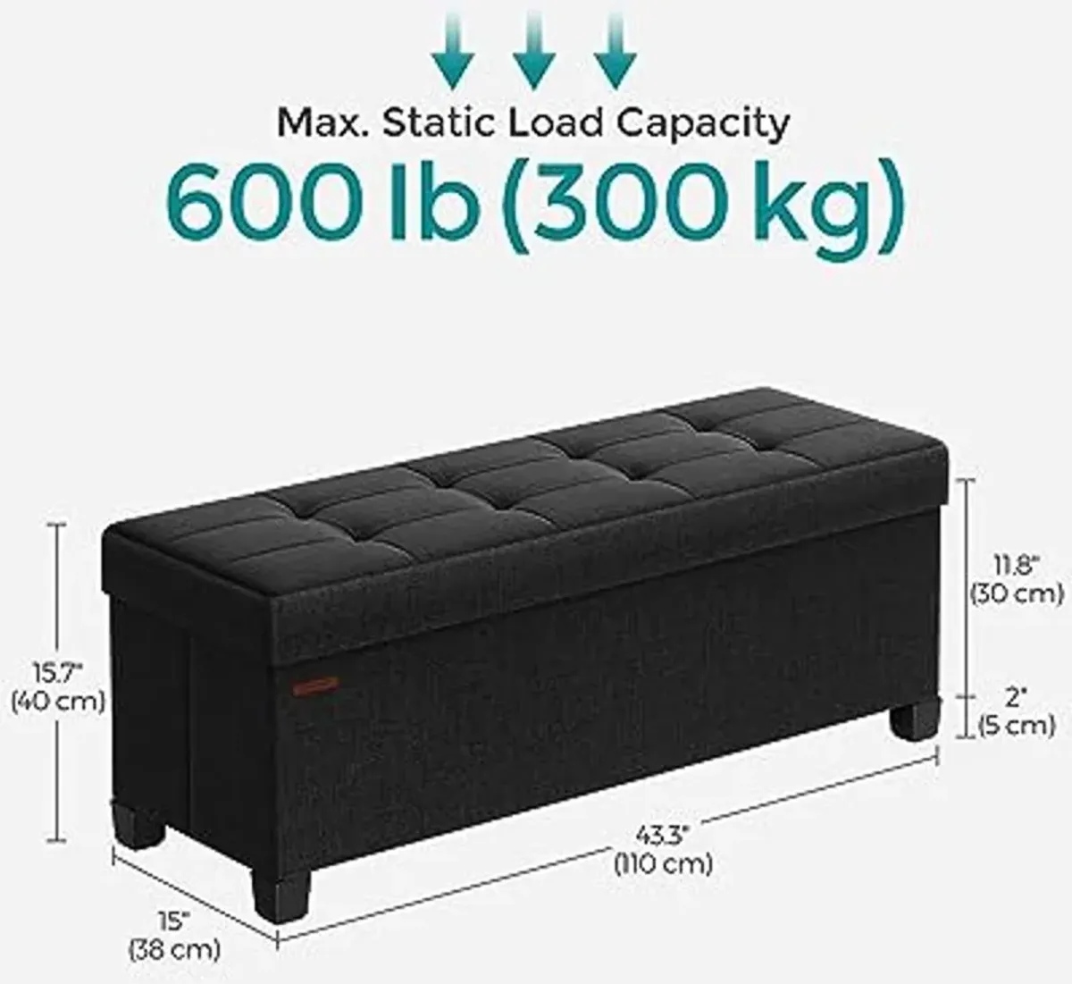 SONGMICS Storage Ottoman Bench, Foldable Foot Rest with Legs, 15 x 43 x 15.7 Inches, End of Bed Bench, Storage Chest, Load up to 660 lb, for Living Room, Bedroom, Entryway, Ink Black ULSF018B01