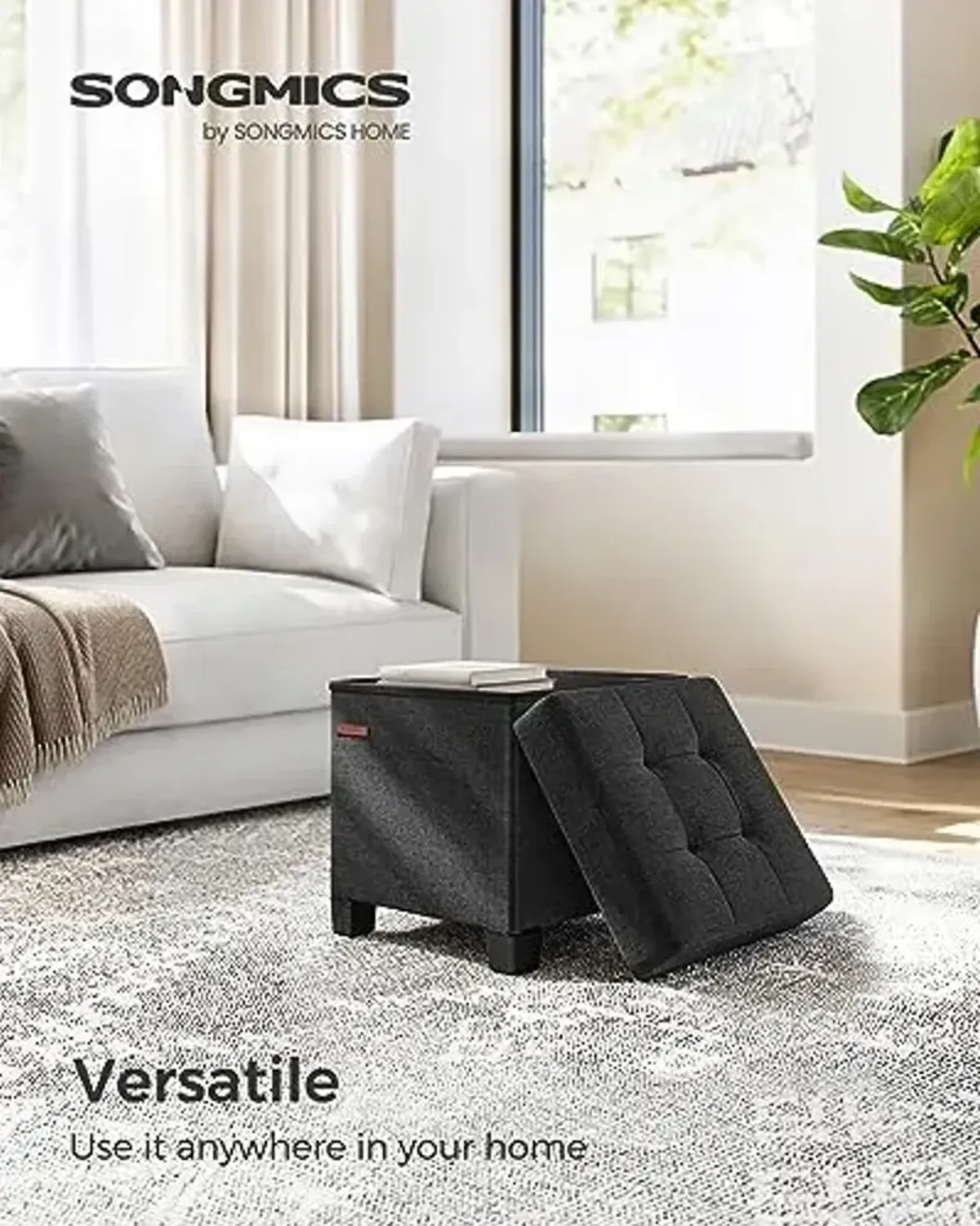 SONGMICS Storage Ottoman, Small Ottoman Foot Rest with Legs, 15 x 15 x 15.7 Inches Foot Stool, Load up to 660 lb, for Living Room, Bedroom, Dorm, Ink Black ULSF014B01