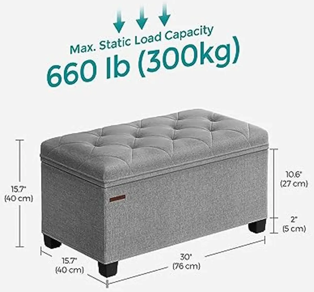 SONGMICS Storage Ottoman Bench, Foot Rest with Legs, 15.7 x 30 x 15.7 Inches, End of Bed Bench, Storage Chest, Load up to 660 lb, for Living Room, Bedroom, Entryway, Light Grey ULSF068G02