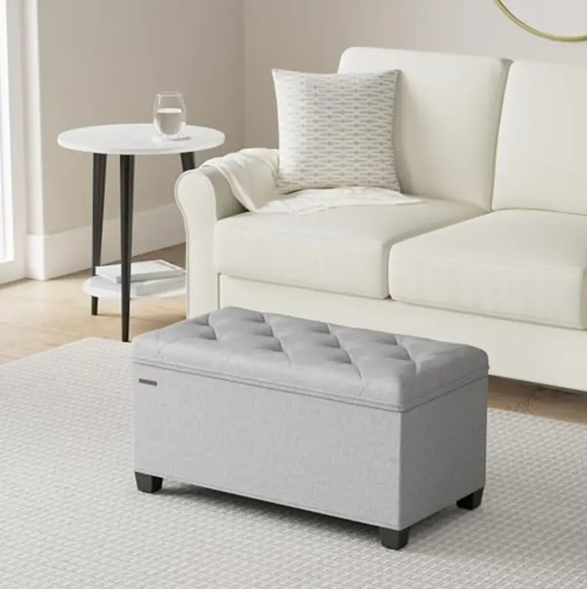 SONGMICS Storage Ottoman Bench, Foot Rest with Legs, 15.7 x 30 x 15.7 Inches, End of Bed Bench, Storage Chest, Load up to 660 lb, for Living Room, Bedroom, Entryway, Light Grey ULSF068G02