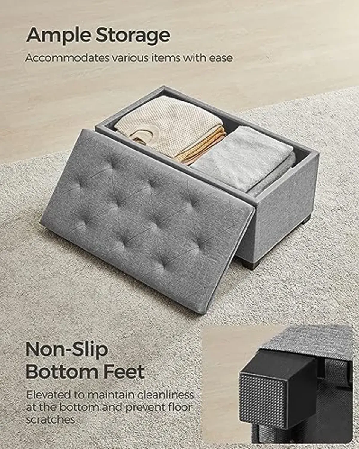 SONGMICS Storage Ottoman Bench, Foot Rest with Legs, 15.7 x 30 x 15.7 Inches, End of Bed Bench, Storage Chest, Load up to 660 lb, for Living Room, Bedroom, Entryway, Light Grey ULSF068G02