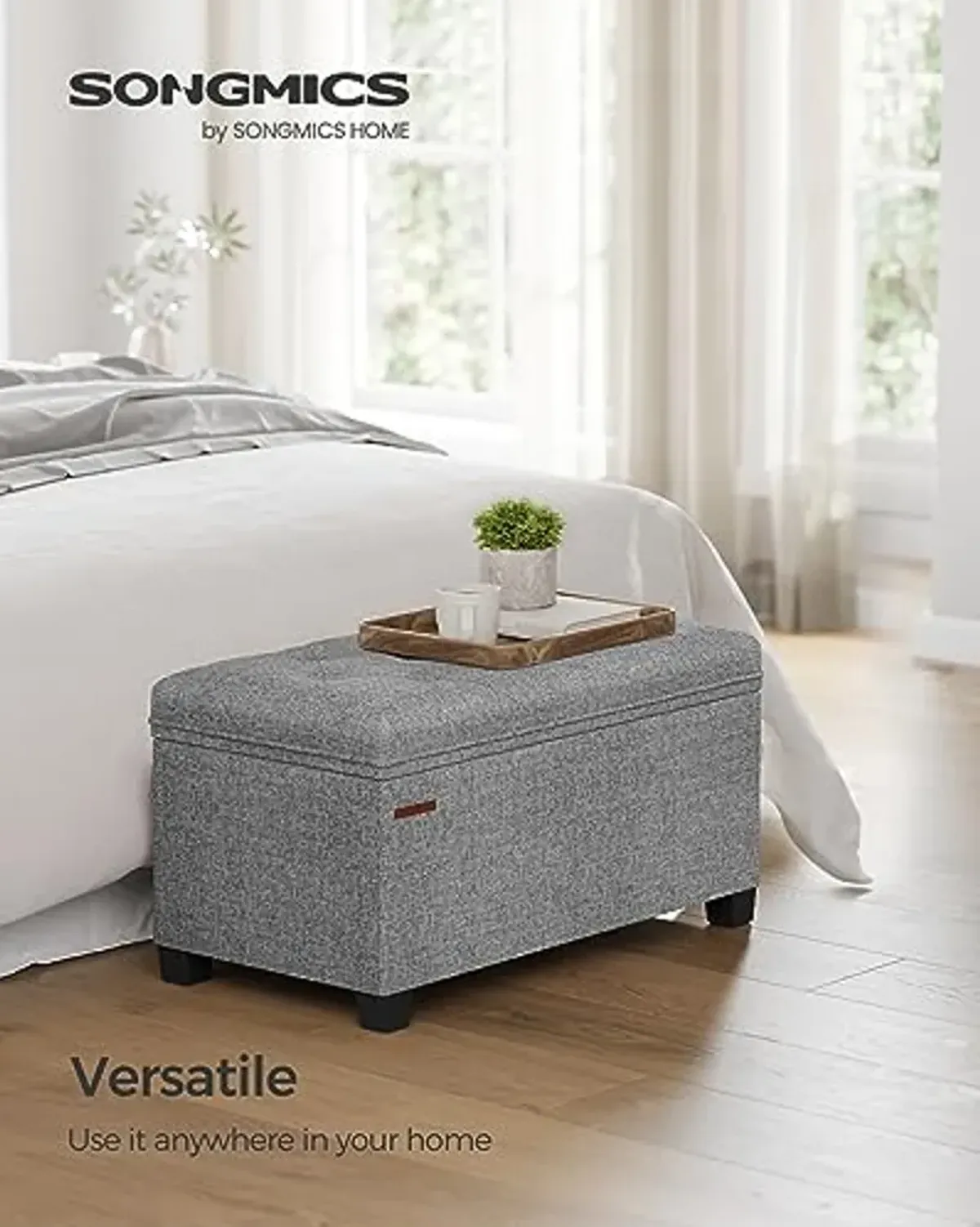 SONGMICS Storage Ottoman Bench, Foot Rest with Legs, 15.7 x 30 x 15.7 Inches, End of Bed Bench, Storage Chest, Load up to 660 lb, for Living Room, Bedroom, Entryway, Light Grey ULSF068G02