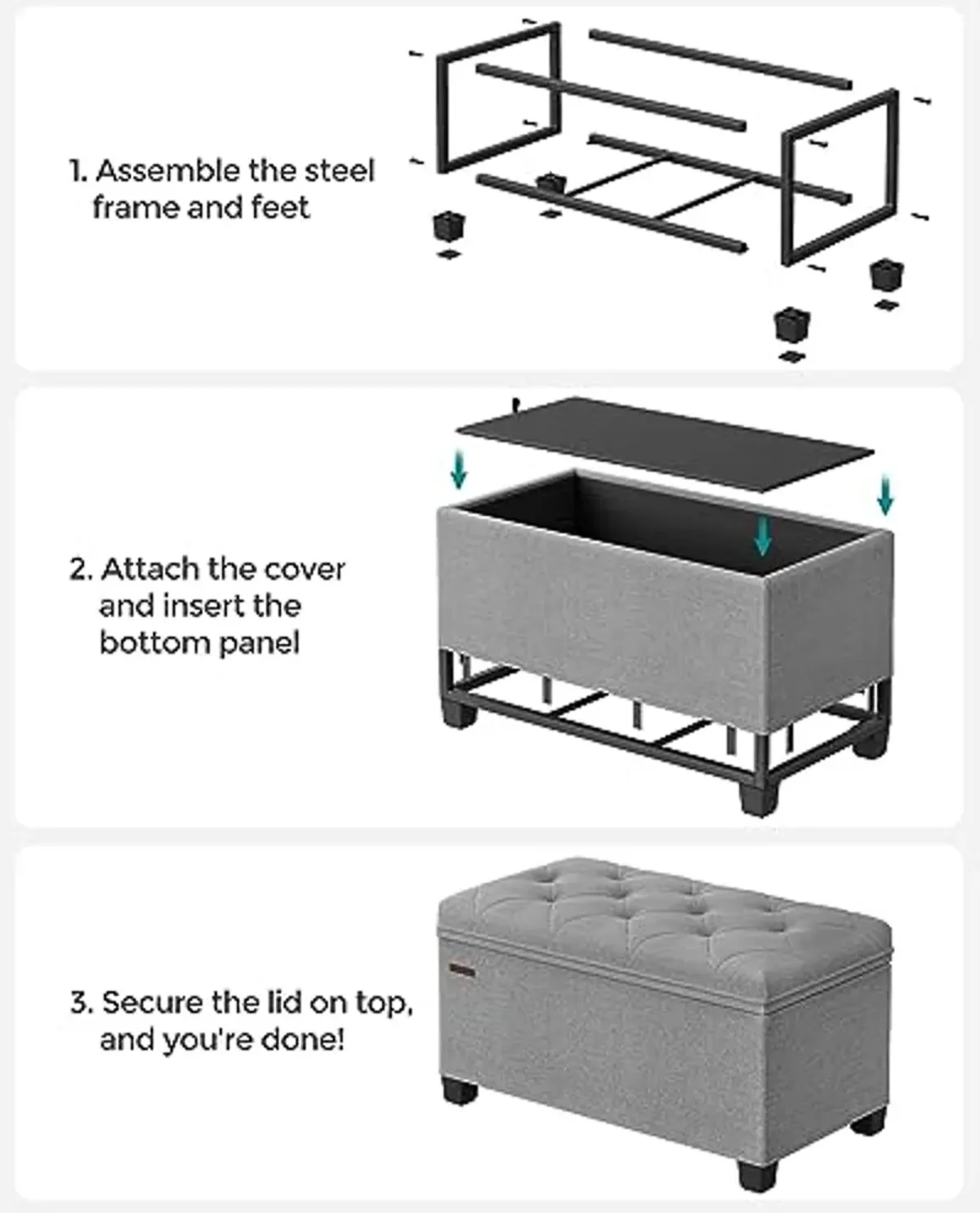 SONGMICS Storage Ottoman Bench, Foot Rest with Legs, 15.7 x 30 x 15.7 Inches, End of Bed Bench, Storage Chest, Load up to 660 lb, for Living Room, Bedroom, Entryway, Light Grey ULSF068G02