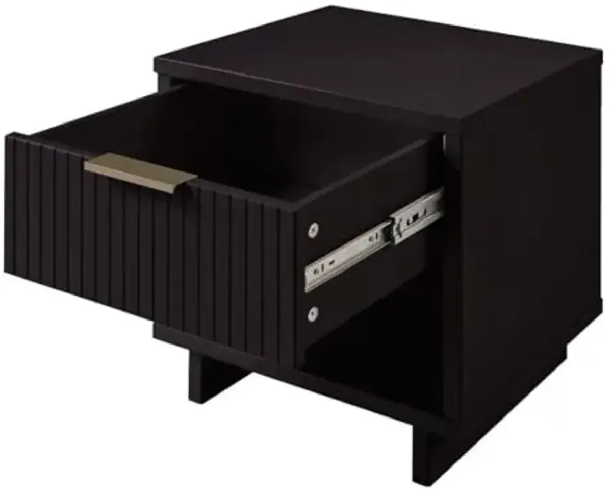 Manhattan Comfort Granville Modern Nightstand 1.0 with 1 Full Extension Drawer, Textured Ribbed Lines Design with Gold Accent, Bedside or End Table for Bedroom or Living Room, Black