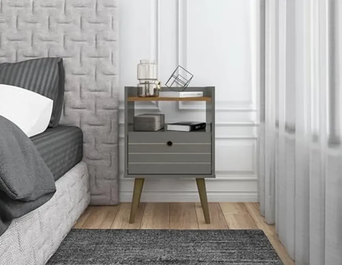 Manhattan Comfort Bogart Mid Century Modern Nightstand with Open Shelf and Drawer, Accent Bedside or End Table for Bedroom or Living Room, Grey