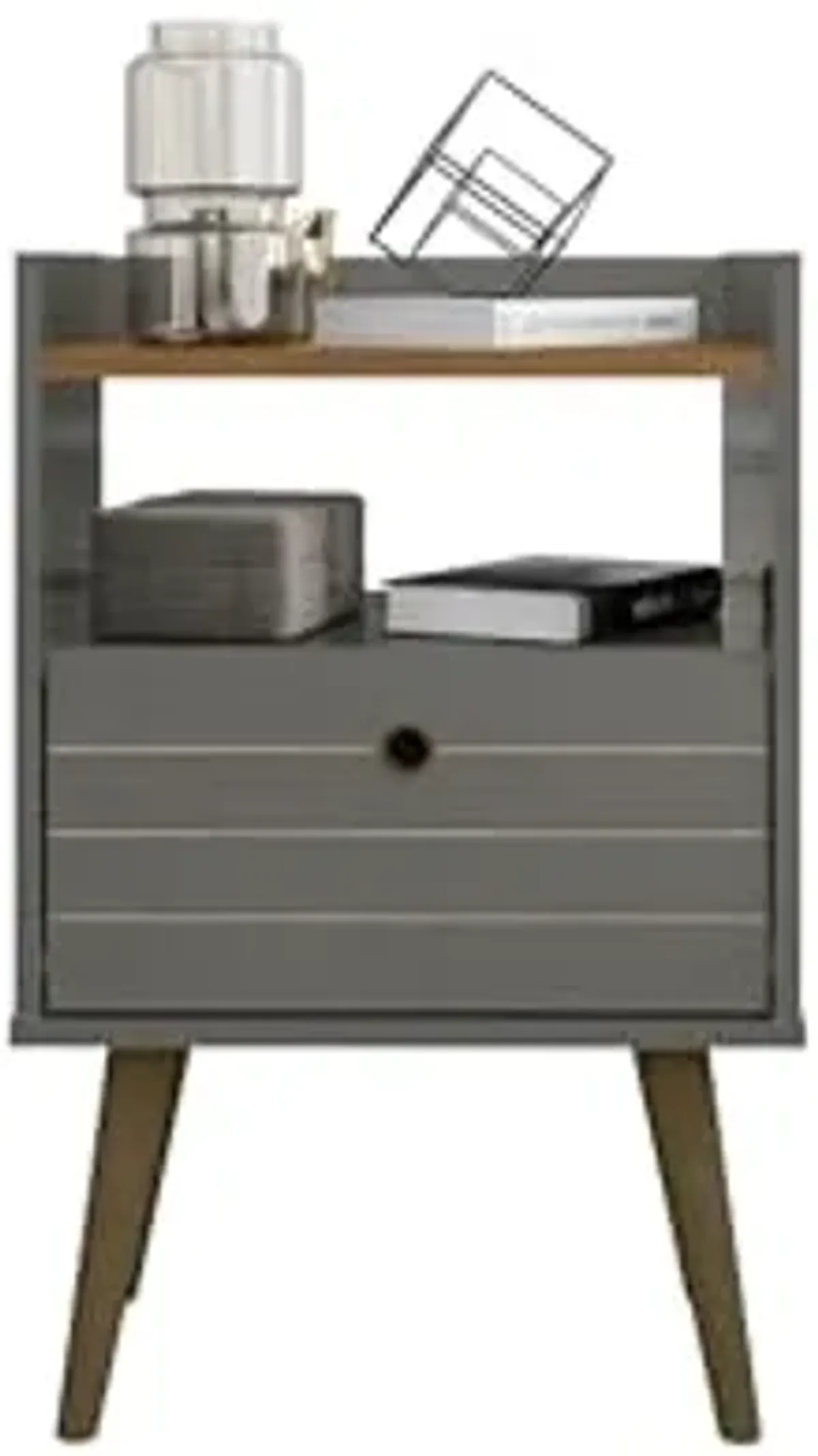 Manhattan Comfort Bogart Mid Century Modern Nightstand with Open Shelf and Drawer, Accent Bedside or End Table for Bedroom or Living Room, Grey