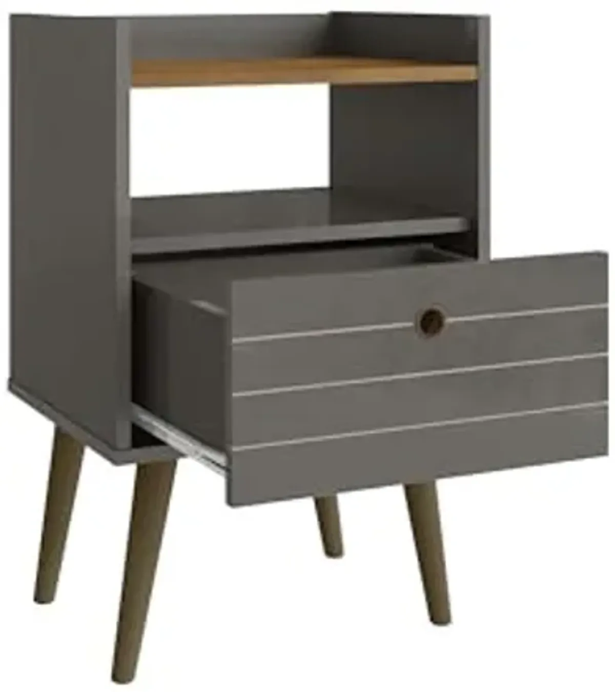 Manhattan Comfort Bogart Mid Century Modern Nightstand with Open Shelf and Drawer, Accent Bedside or End Table for Bedroom or Living Room, Grey