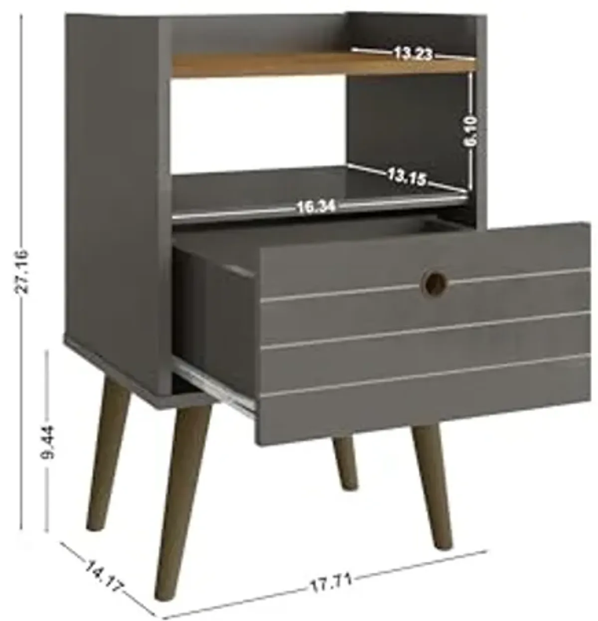 Manhattan Comfort Bogart Mid Century Modern Nightstand with Open Shelf and Drawer, Accent Bedside or End Table for Bedroom or Living Room, Grey