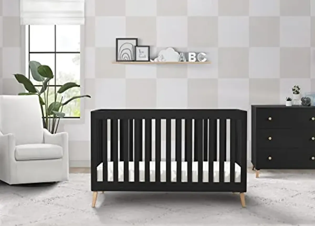 Delta Children Essex 4-in-1 Convertible Baby Crib, Ebony with Natural Legs Twinkle Galaxy Dual Sided Recycled Fiber Core Crib and Toddler Mattress (Bundle)