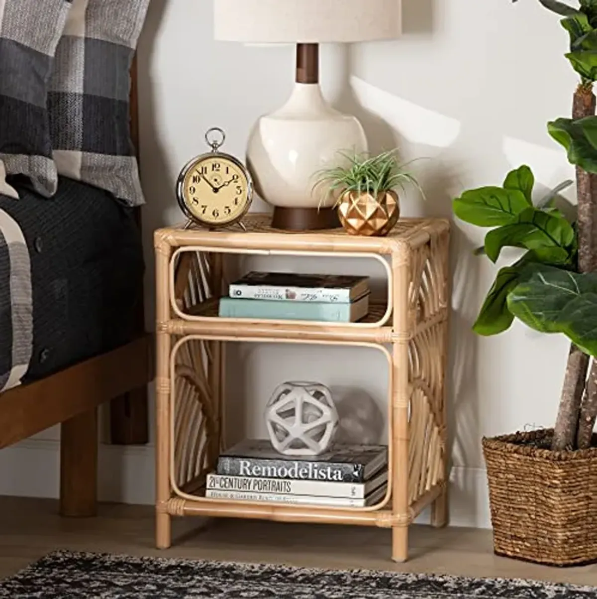 Baxton Studio Baara Natural Rattan Nightstand, 2-Shelf