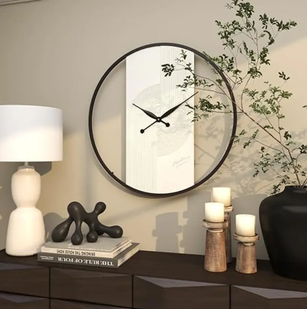 The Novogratz Wood Geometric Decorative Wall Clock Art Deco Inspired Line Art Wall Clock for Home with Black Accents, Wall Clock for Room 30" x 2" x 31", White