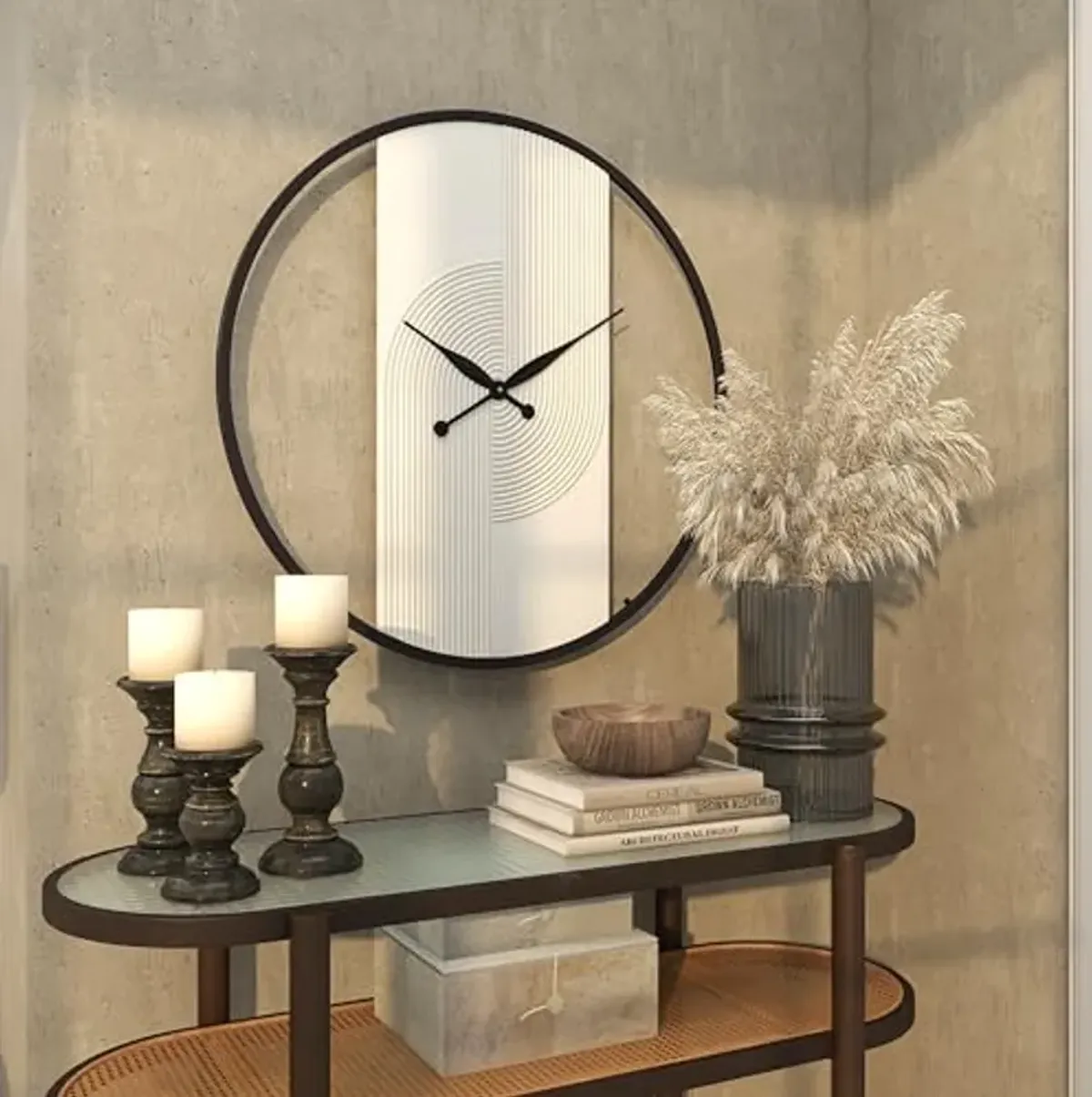 The Novogratz Wood Geometric Decorative Wall Clock Art Deco Inspired Line Art Wall Clock for Home with Black Accents, Wall Clock for Room 30" x 2" x 31", White