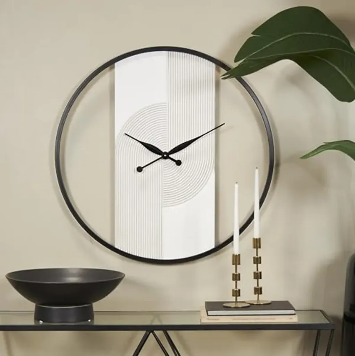 The Novogratz Wood Geometric Decorative Wall Clock Art Deco Inspired Line Art Wall Clock for Home with Black Accents, Wall Clock for Room 30" x 2" x 31", White