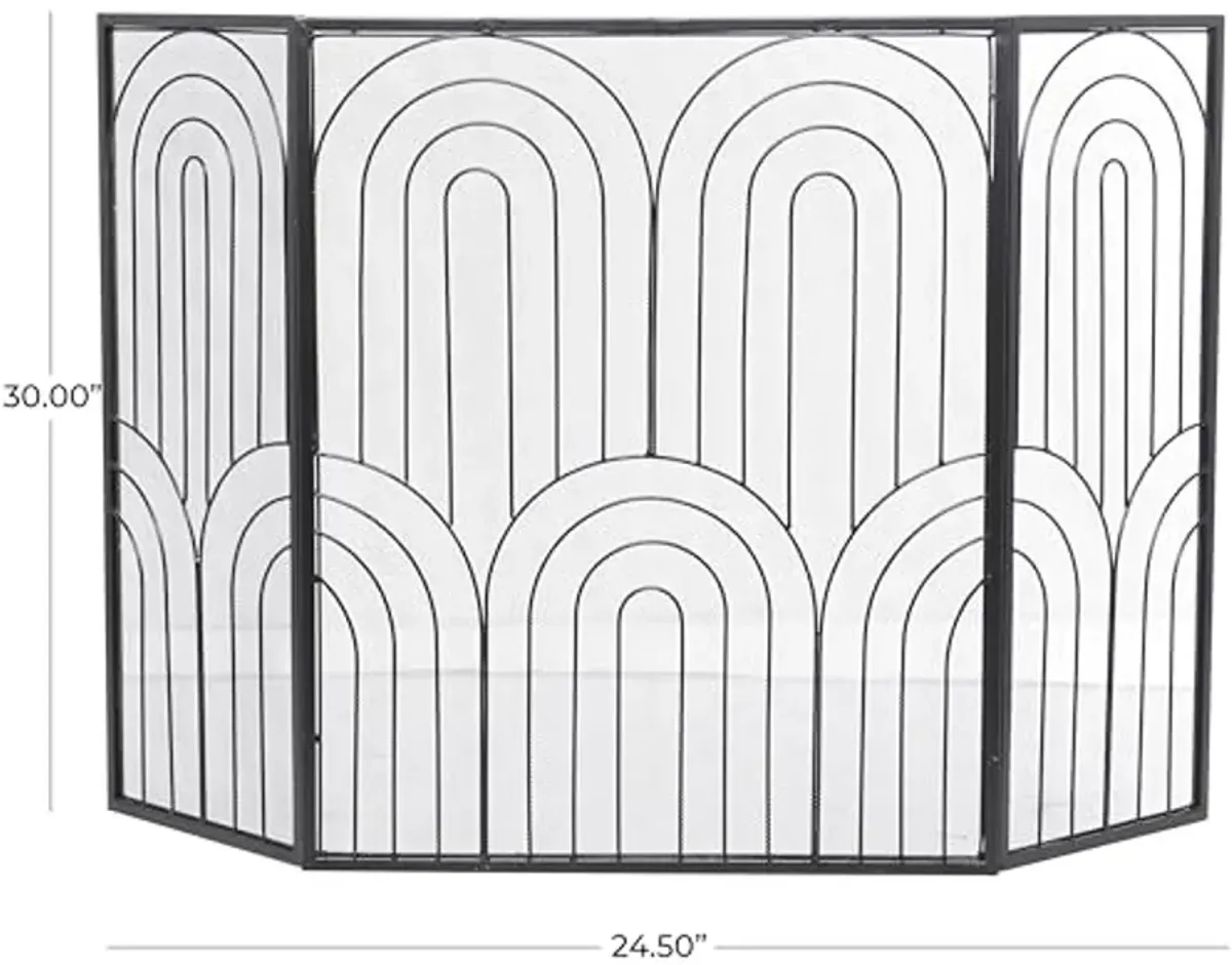 The Novogratz Metal Geometric Art Deco Inspired Foldable 3 Panel Fireplace Screen with Mesh Netting, 48" x 1" x 30", Black