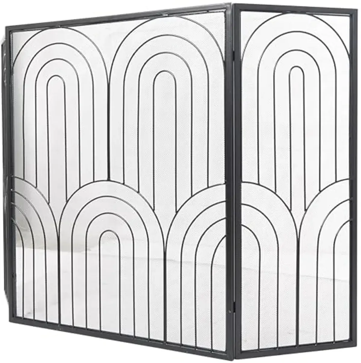 The Novogratz Metal Geometric Art Deco Inspired Foldable 3 Panel Fireplace Screen with Mesh Netting, 48" x 1" x 30", Black