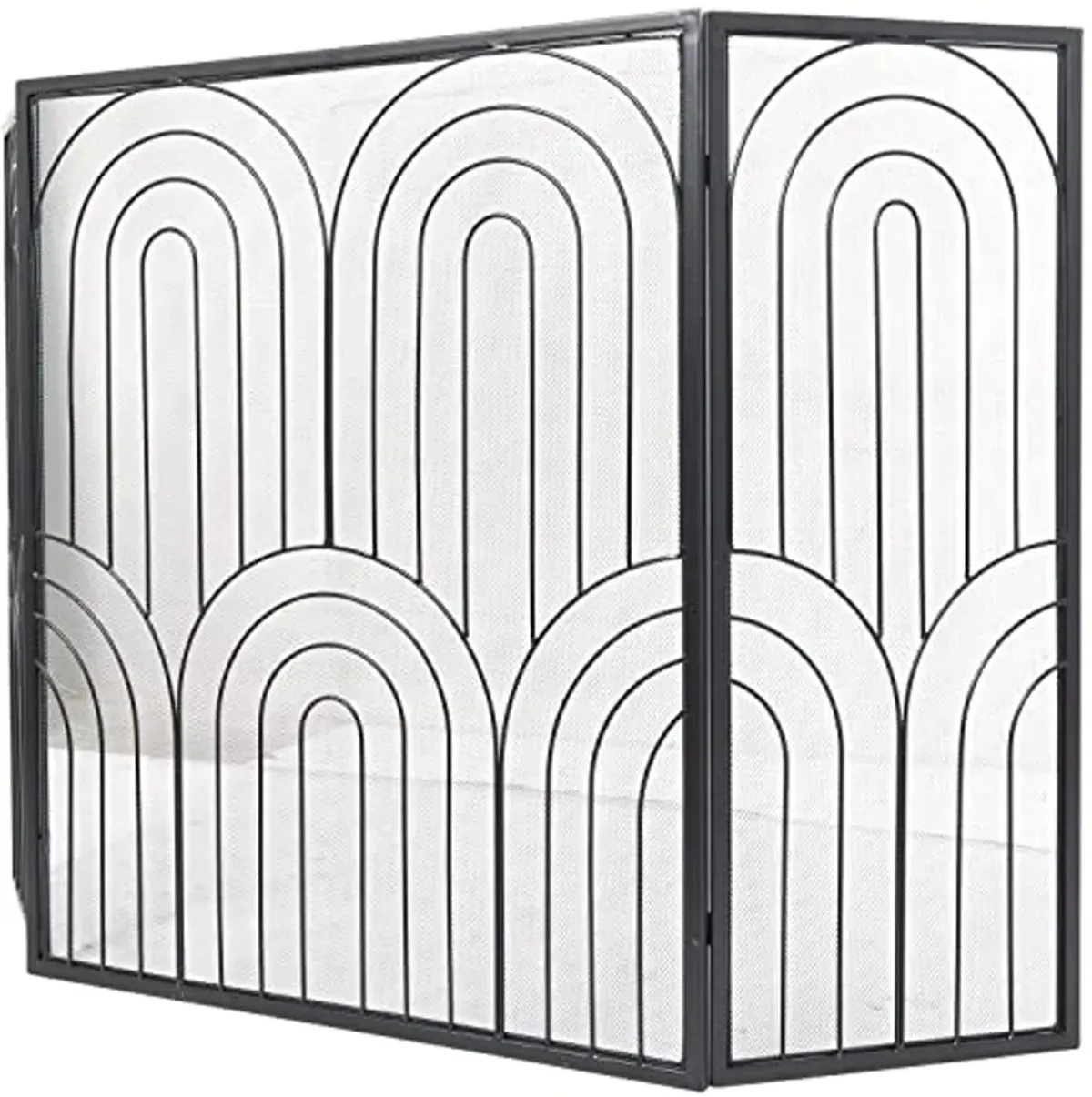 The Novogratz Metal Geometric Art Deco Inspired Foldable 3 Panel Fireplace Screen with Mesh Netting, 48" x 1" x 30", Black