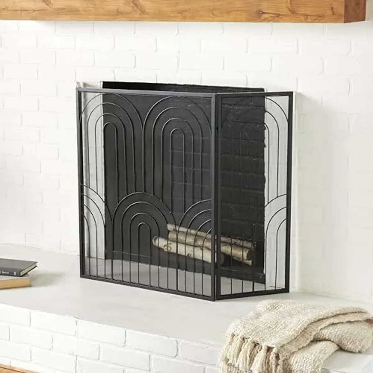 The Novogratz Metal Geometric Art Deco Inspired Foldable 3 Panel Fireplace Screen with Mesh Netting, 48" x 1" x 30", Black