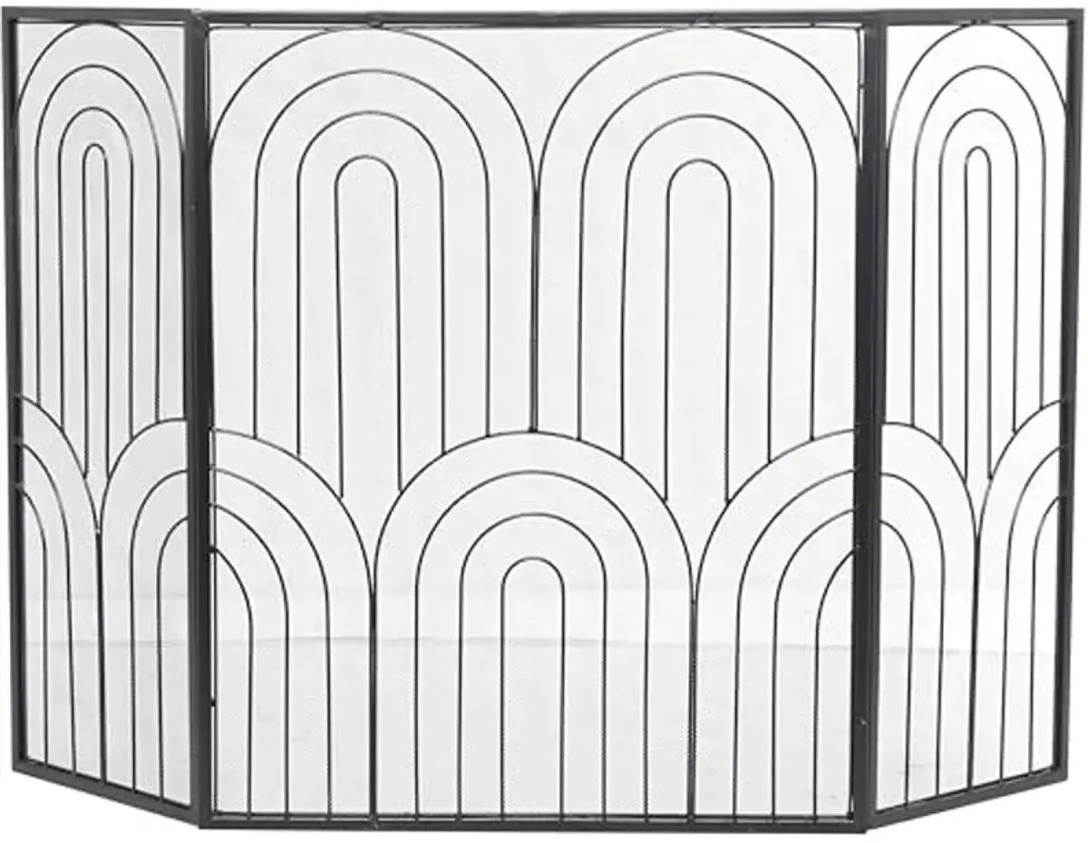 The Novogratz Metal Geometric Art Deco Inspired Foldable 3 Panel Fireplace Screen with Mesh Netting, 48" x 1" x 30", Black