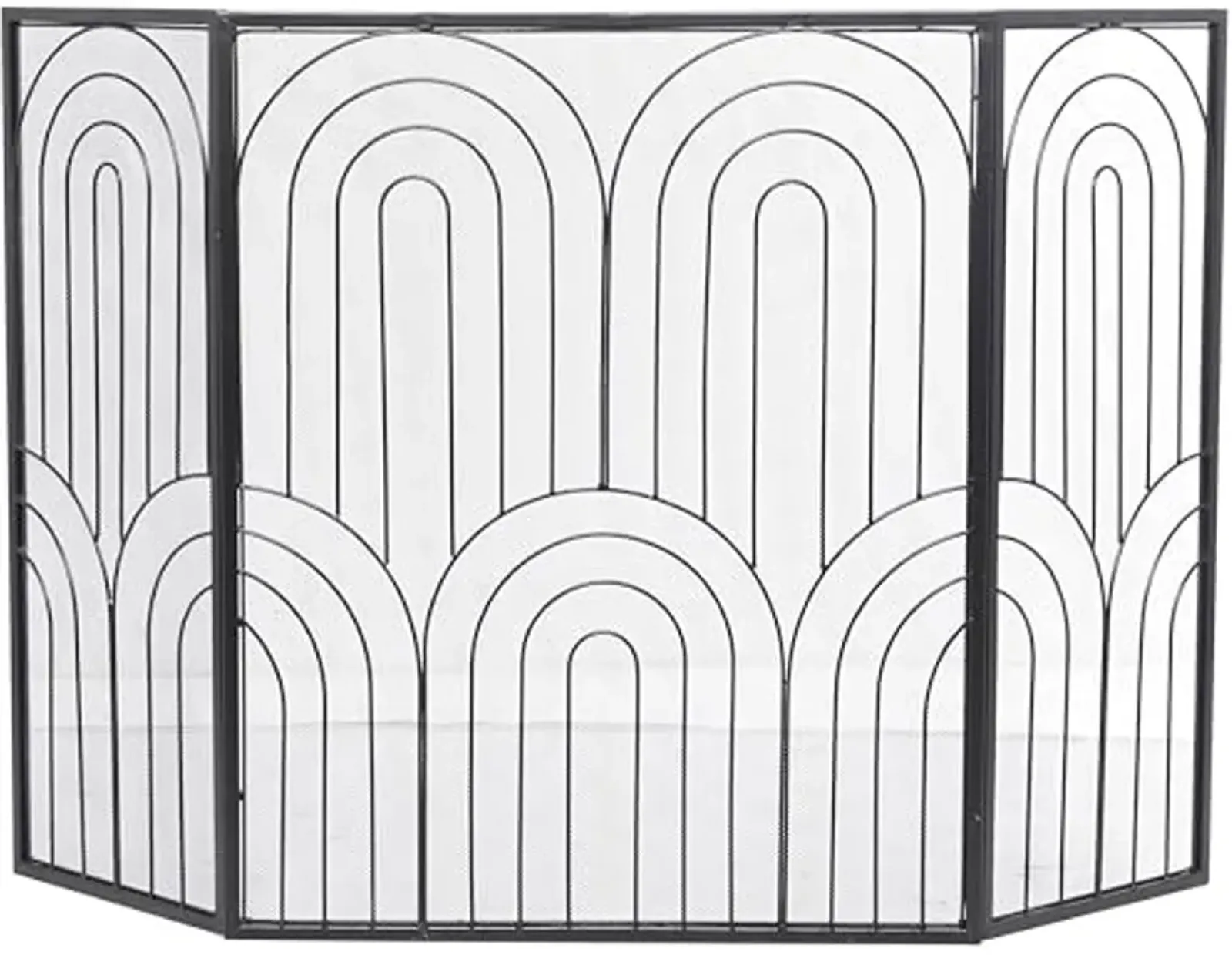 The Novogratz Metal Geometric Art Deco Inspired Foldable 3 Panel Fireplace Screen with Mesh Netting, 48" x 1" x 30", Black