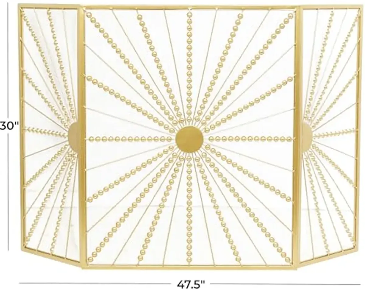 The Novogratz Metal Starburst Foldable 3 Panel Fireplace Screen with Bead Inspired Rays, 48" x 1" x 30", Gold