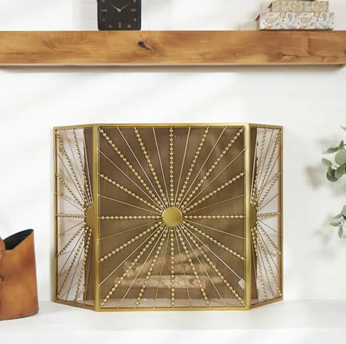 The Novogratz Metal Starburst Foldable 3 Panel Fireplace Screen with Bead Inspired Rays, 48" x 1" x 30", Gold