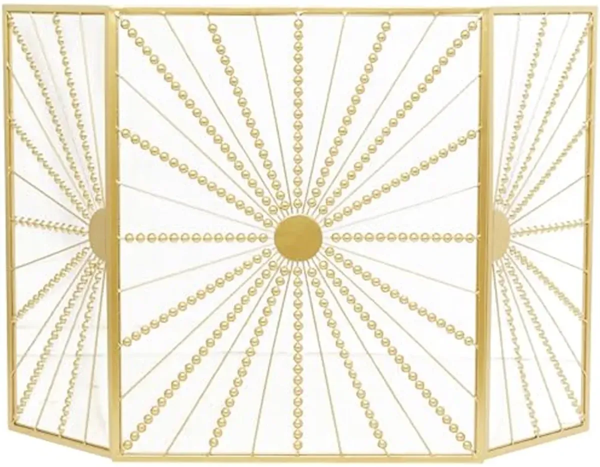 The Novogratz Metal Starburst Foldable 3 Panel Fireplace Screen with Bead Inspired Rays, 48" x 1" x 30", Gold