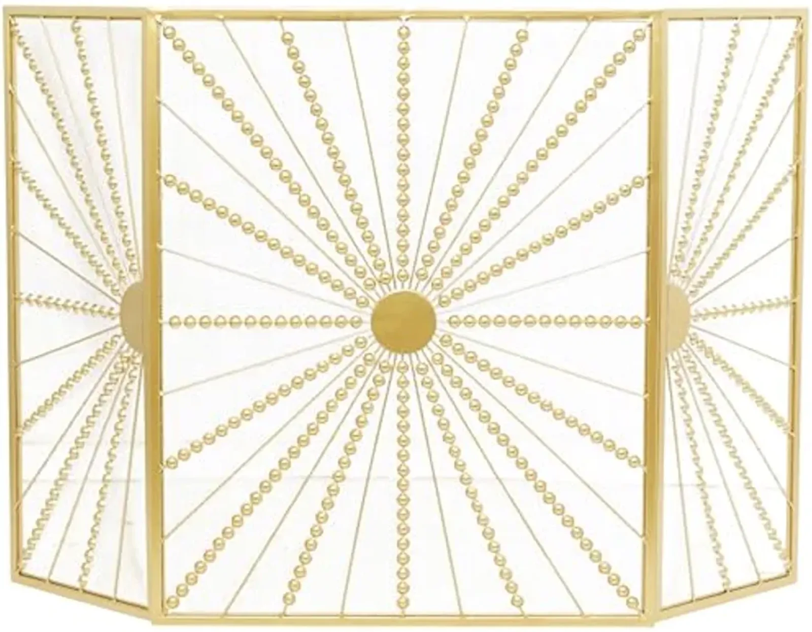 The Novogratz Metal Starburst Foldable 3 Panel Fireplace Screen with Bead Inspired Rays, 48" x 1" x 30", Gold