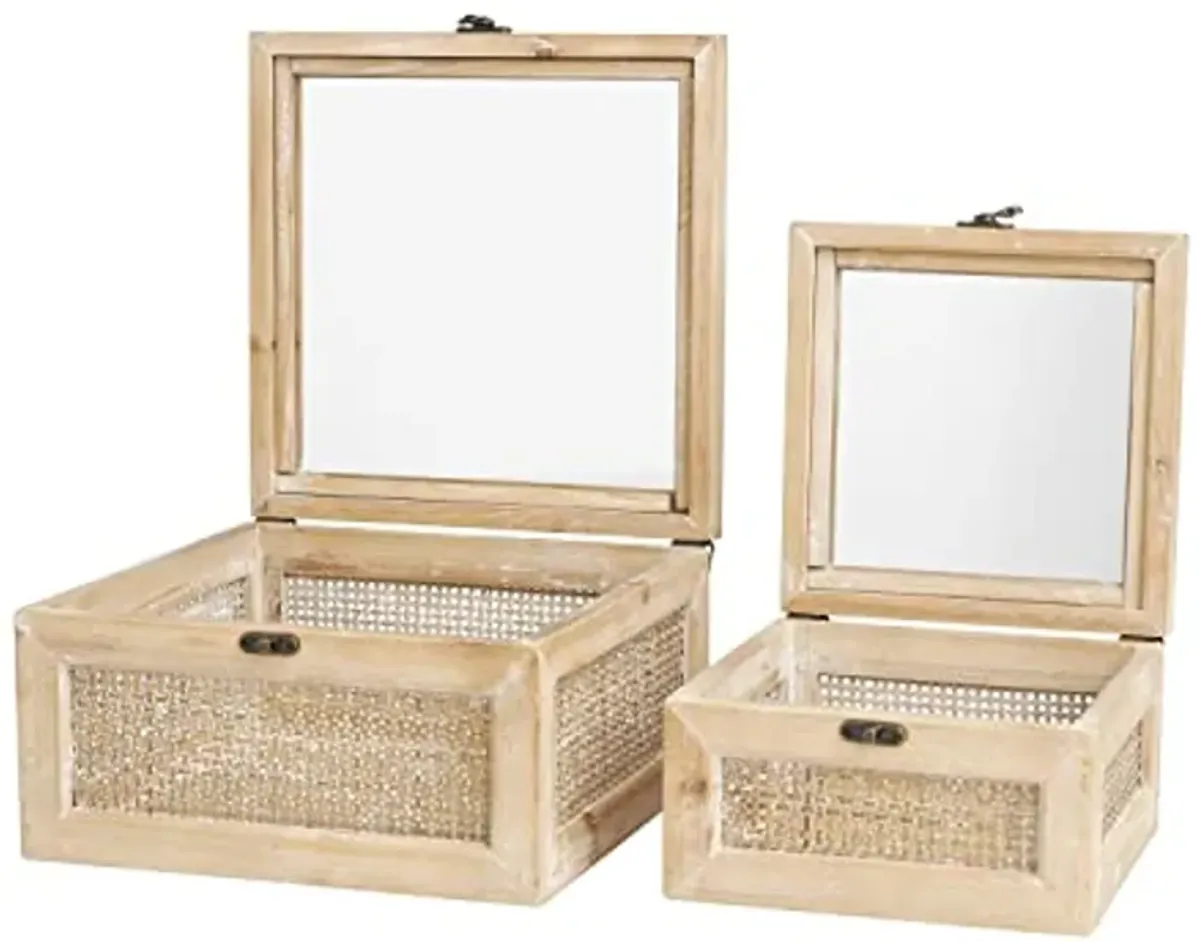 The Novogratz Wood Decorative Box Glass Top Decorative Keepsake Boxes with Rattan Side Panels and Bronze Hook Closures, Set of 2 Storage Boxes 9", 7"W, Light Brown