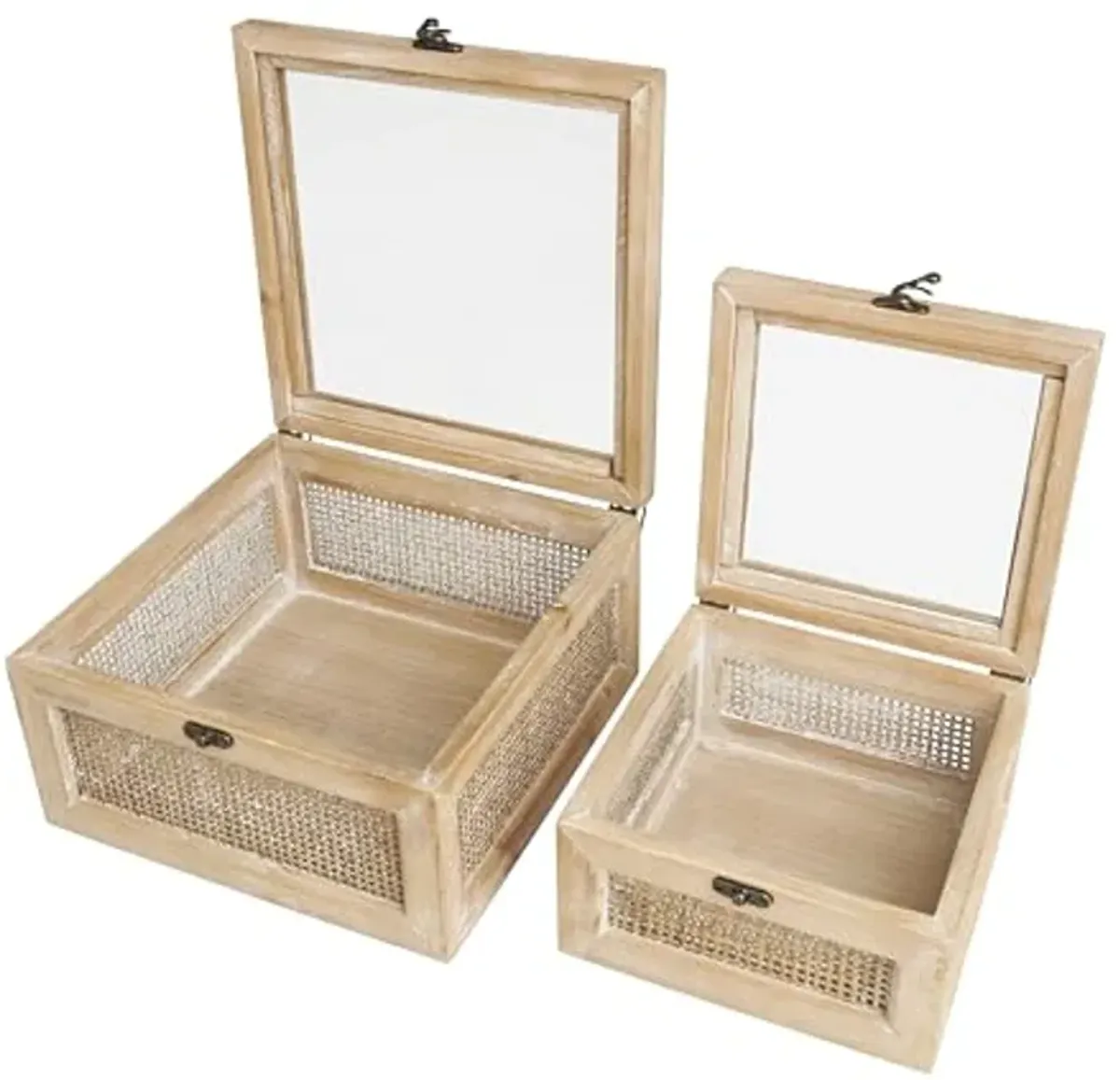 The Novogratz Wood Decorative Box Glass Top Decorative Keepsake Boxes with Rattan Side Panels and Bronze Hook Closures, Set of 2 Storage Boxes 9", 7"W, Light Brown