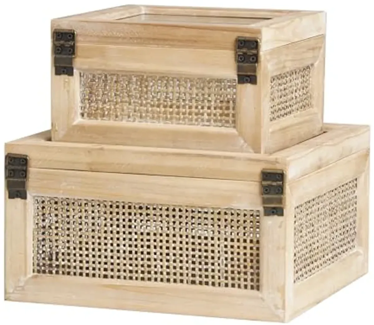 The Novogratz Wood Decorative Box Glass Top Decorative Keepsake Boxes with Rattan Side Panels and Bronze Hook Closures, Set of 2 Storage Boxes 9", 7"W, Light Brown