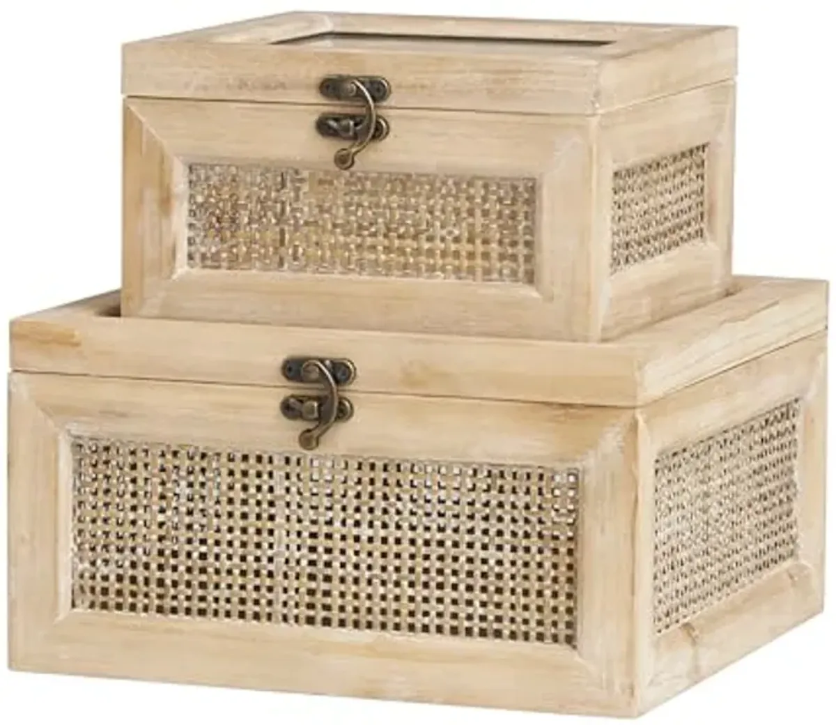 The Novogratz Wood Decorative Box Glass Top Decorative Keepsake Boxes with Rattan Side Panels and Bronze Hook Closures, Set of 2 Storage Boxes 9", 7"W, Light Brown