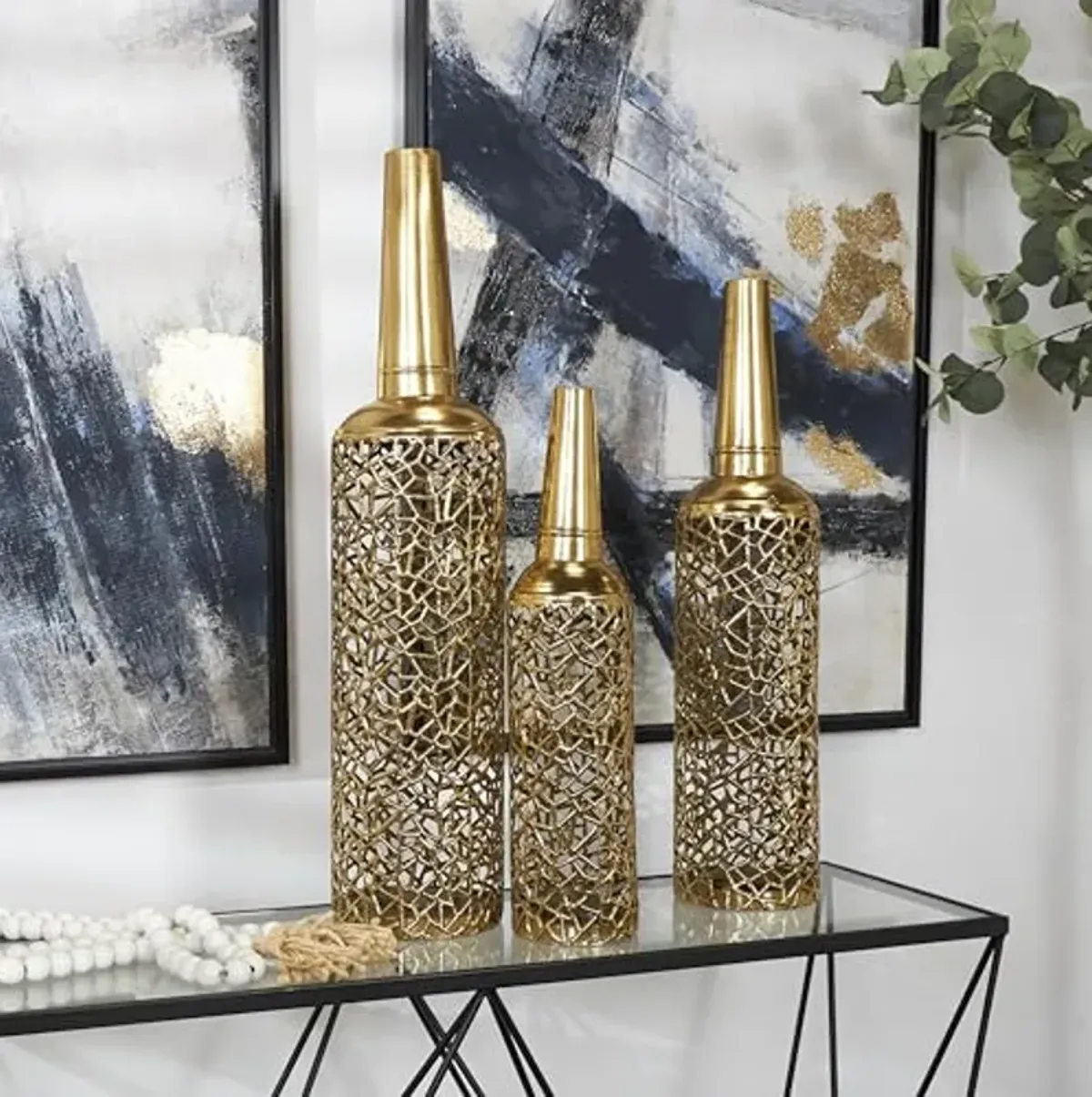 The Novogratz Metal Decorative Vase Abstract Patterned Centerpiece Vases with Open Frame Design, Set of 3 Vases for Home Decoration 30, 25, 21" H, Gold