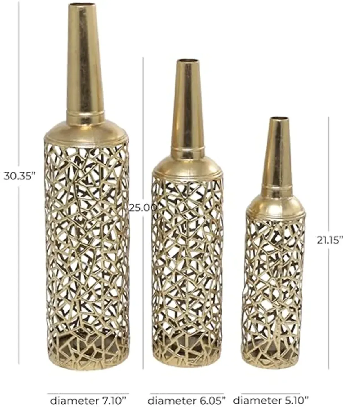 The Novogratz Metal Decorative Vase Abstract Patterned Centerpiece Vases with Open Frame Design, Set of 3 Vases for Home Decoration 30, 25, 21" H, Gold