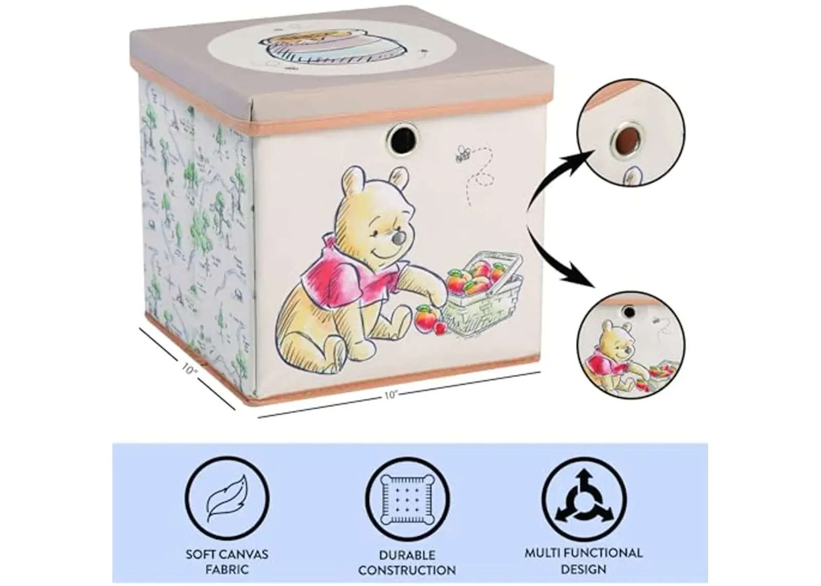 Idea Nuova Winnie the Pooh Collapsible Storage Cube with removable Lid, 10" Wx10 Hx10 D