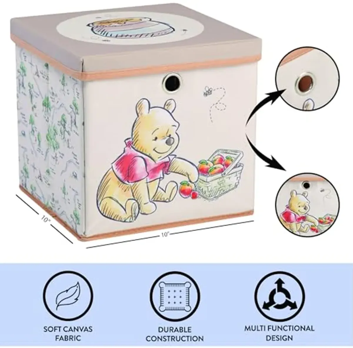 Idea Nuova Winnie the Pooh Collapsible Storage Cube with removable Lid, 10" Wx10 Hx10 D