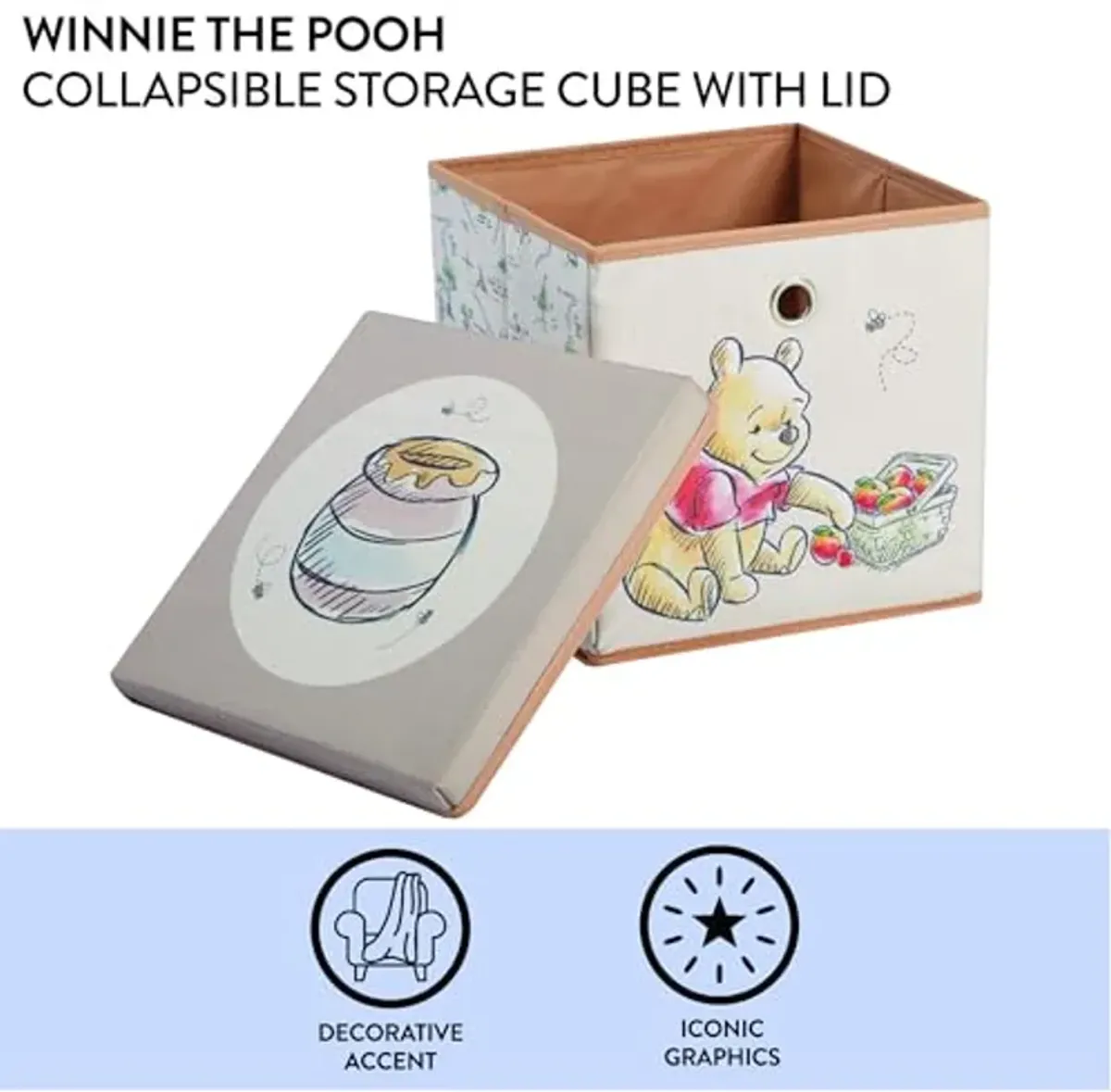 Idea Nuova Winnie the Pooh Collapsible Storage Cube with removable Lid, 10" Wx10 Hx10 D