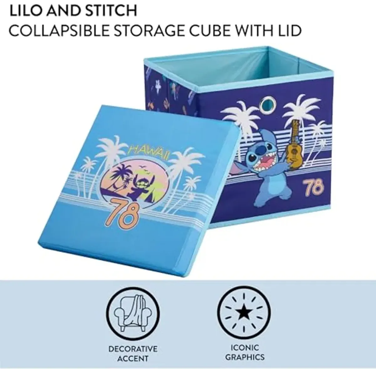 Idea Nuova Lilo and Stitch Collapsible Storage Cube with removable Lid, 10" Wx10 Hx10 D