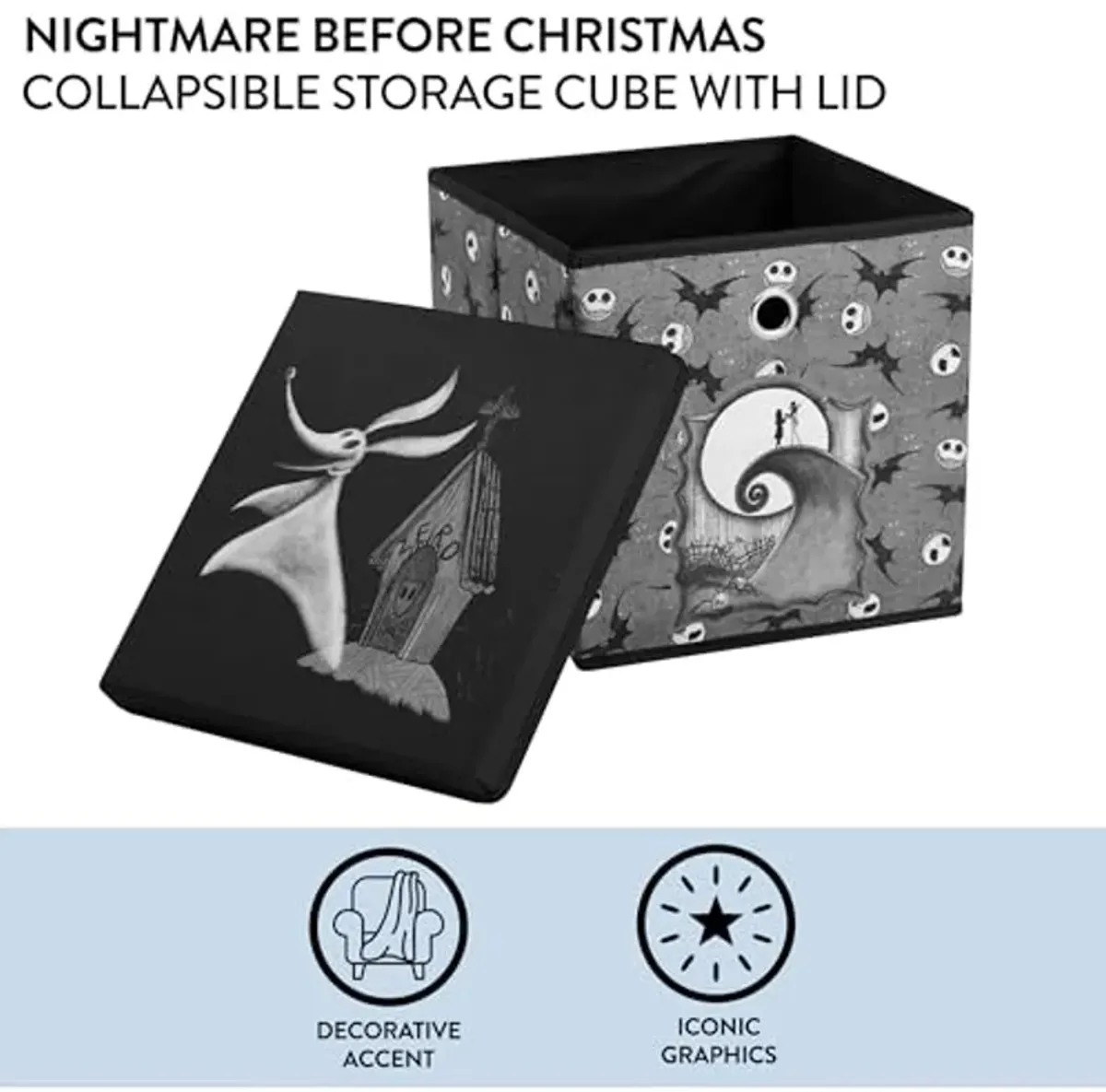 Idea Nuova Nightmare Before Christmas Collapsible Storage Cube with removable Lid, 10" Wx10 Hx10 D