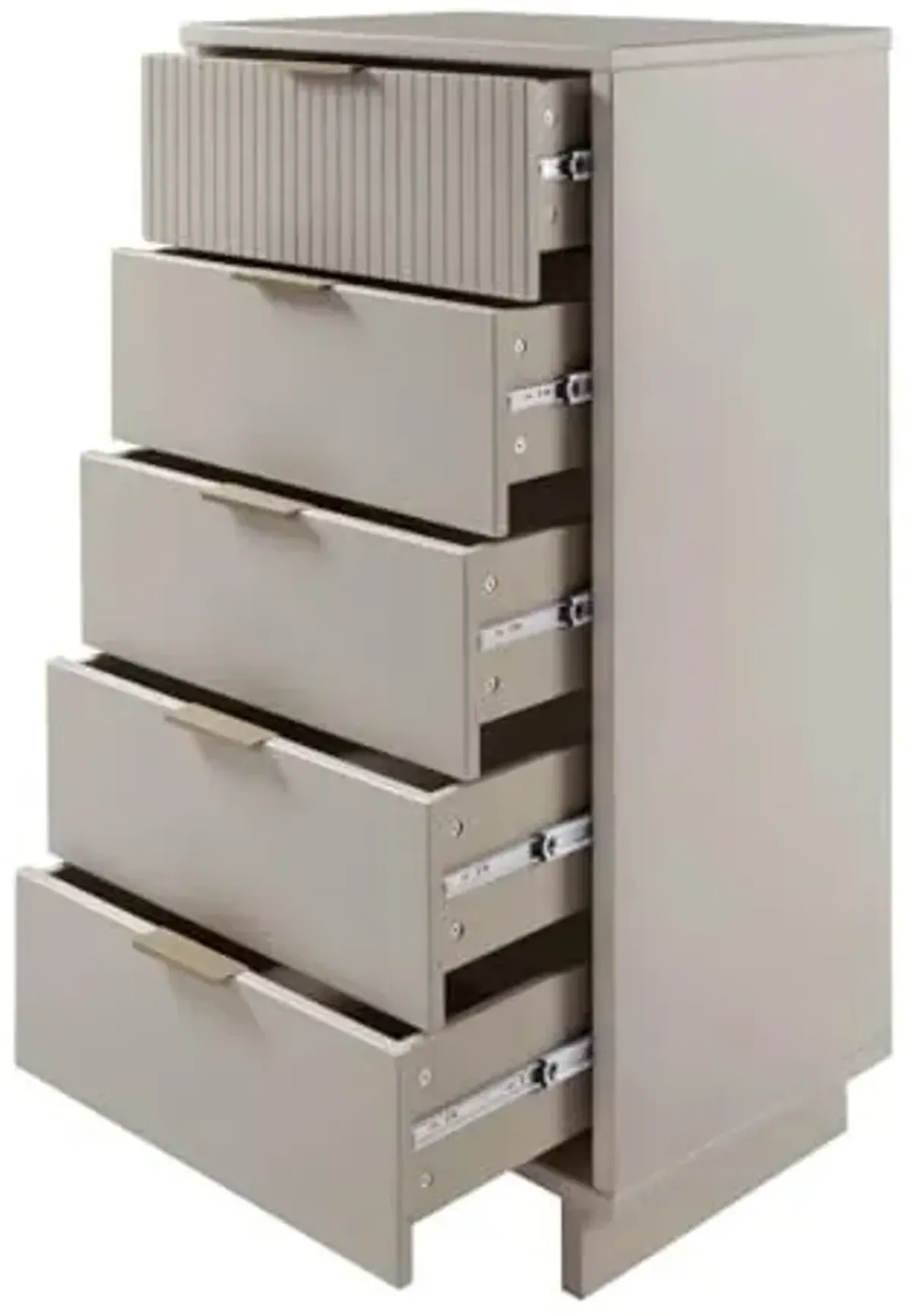 Manhattan Comfort Granville 24-Inch Modern Tall Dresser with 5 Full Extension Soft Close Drawers, Textured Ribbed Lines Design Made of Solid Wood with Gold Accent, TV Stand for Bedroom, Light Grey