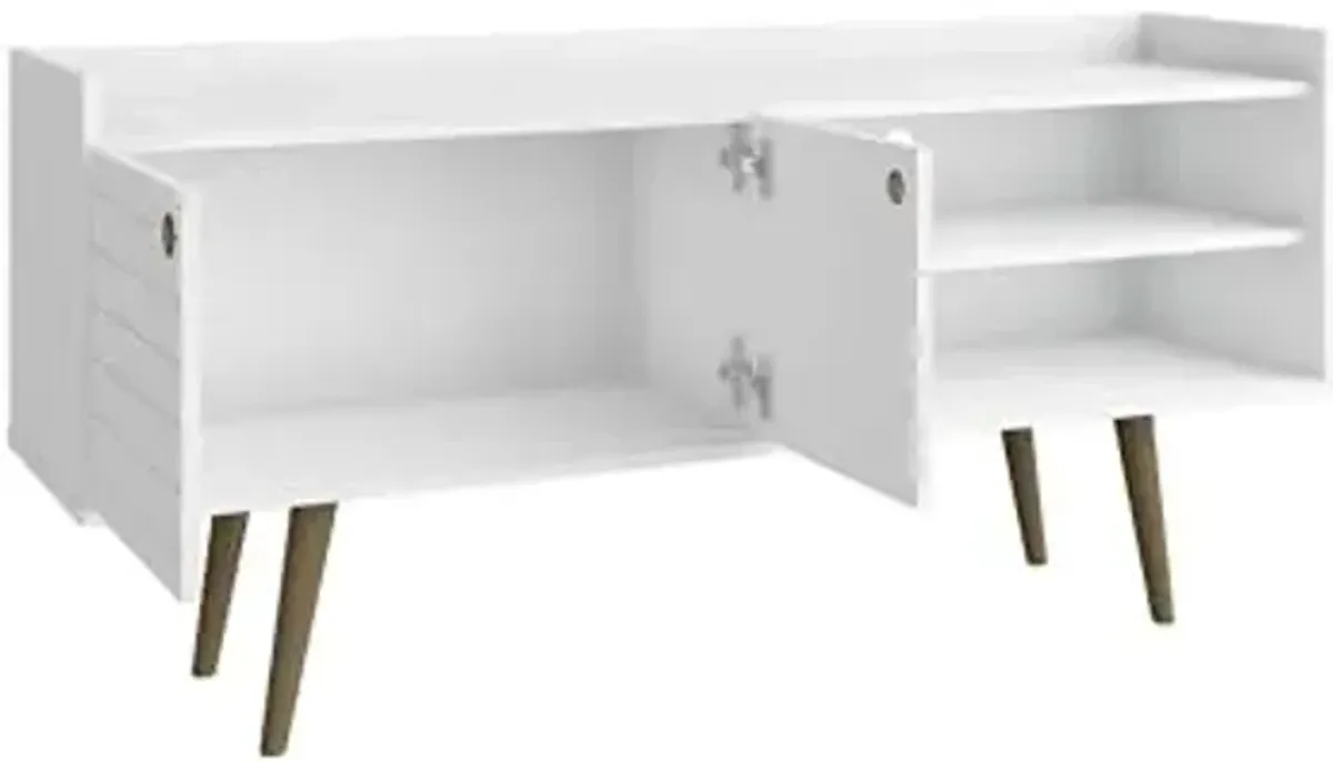 Manhattan Comfort 53.54" Mid-Century Modern TV Stand-Recommended for 46 to 50 Inch Screen-Entertainment Center with 2 Shelves, 1 Cabinet and 2 Media Holes Bogart, White