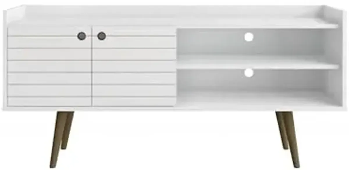 Manhattan Comfort 53.54" Mid-Century Modern TV Stand-Recommended for 46 to 50 Inch Screen-Entertainment Center with 2 Shelves, 1 Cabinet and 2 Media Holes Bogart, White