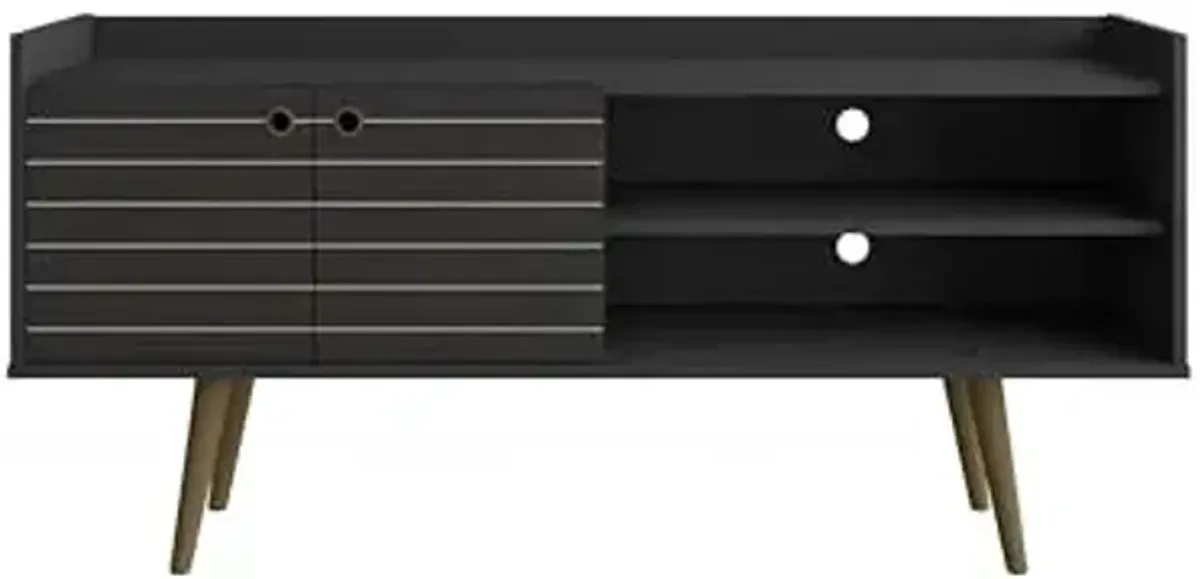 Manhattan Comfort Bogart 53.54" Mid-Century Modern TV Stand, Recommended for 46 to 50 Inch Screen, Entertainment Center with 2 Shelves, 1 Cabinet and 2 Media Holes, Black